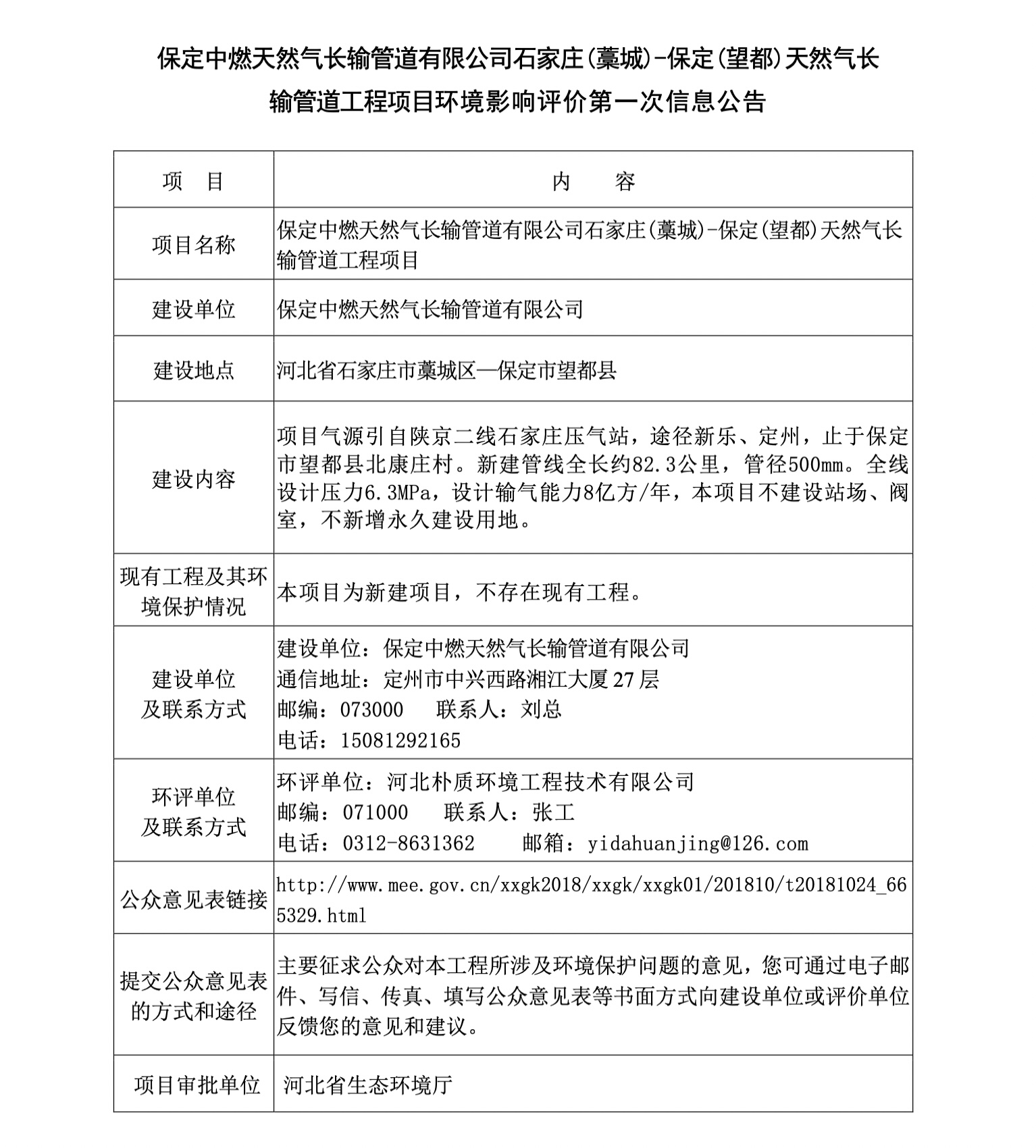 保定中燃天然氣長輸管道有限公司石家莊(藁城)-保定(望都)天然氣長輸管道工程項目環(huán)境影響評價第一次信息公告